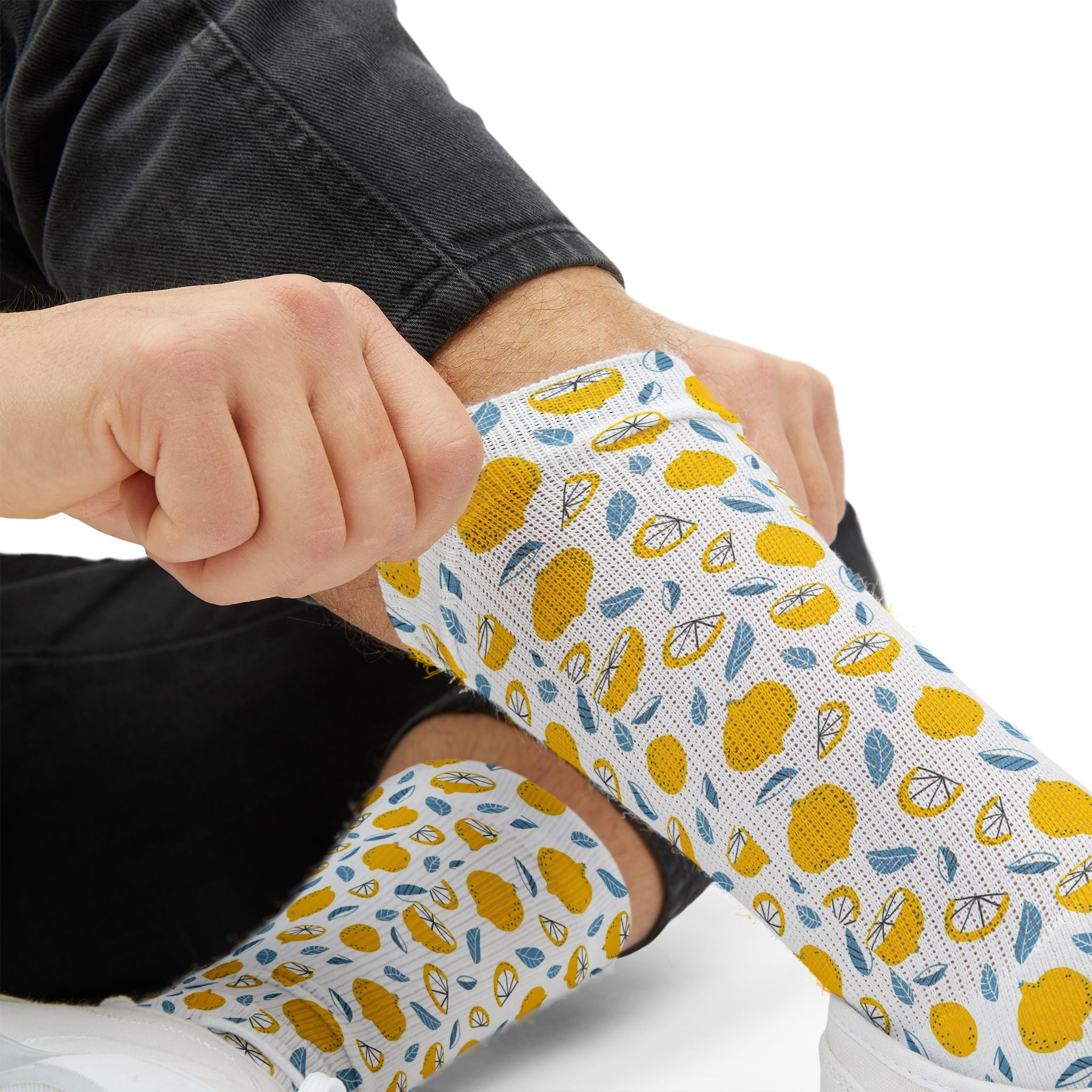 Yellow Floral Crew Socks – Botanical Lemon Pattern Sublimation Socks