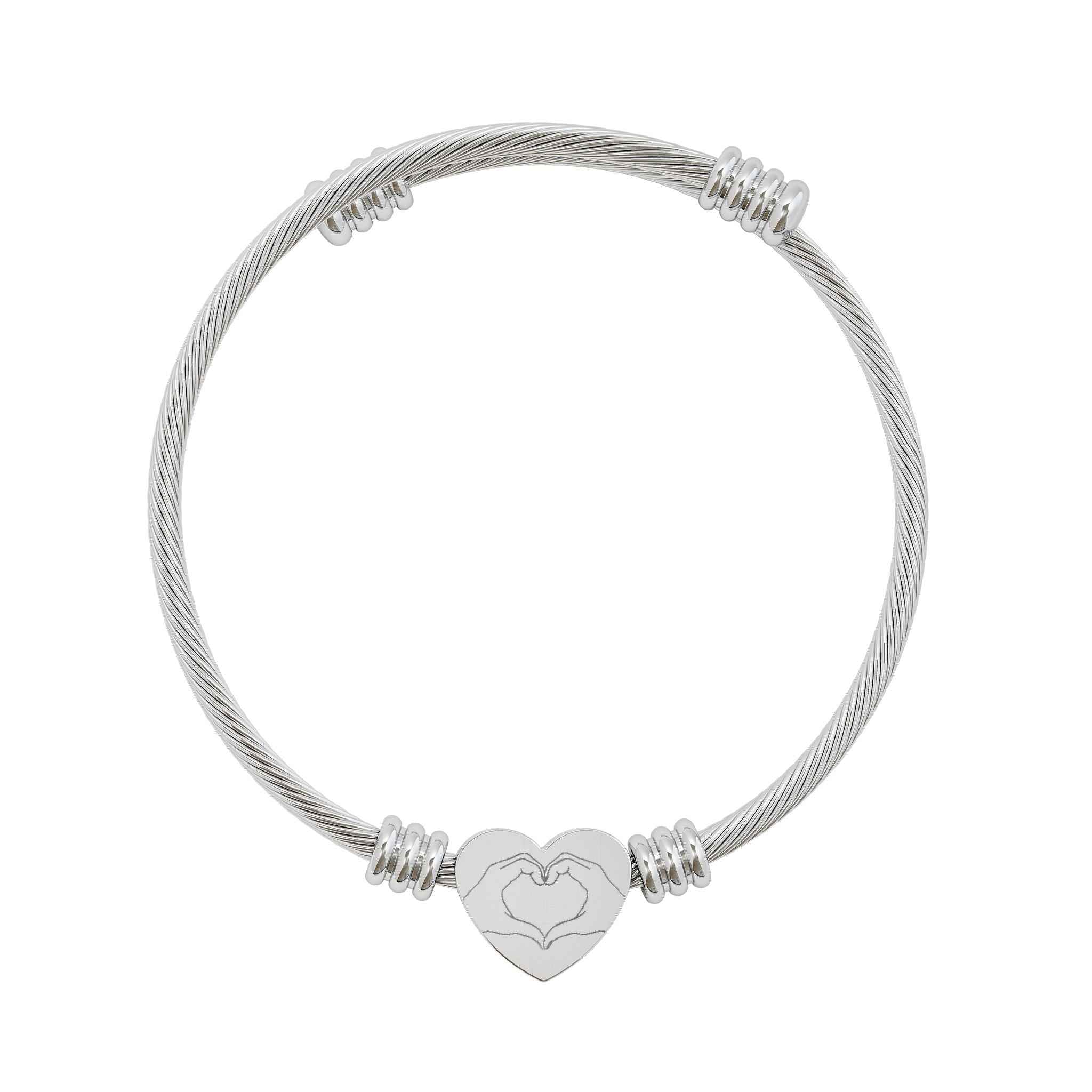Engravable Heart Cuff Bracelet — Personalized Cable Wire Bangle (Silver & Gold)