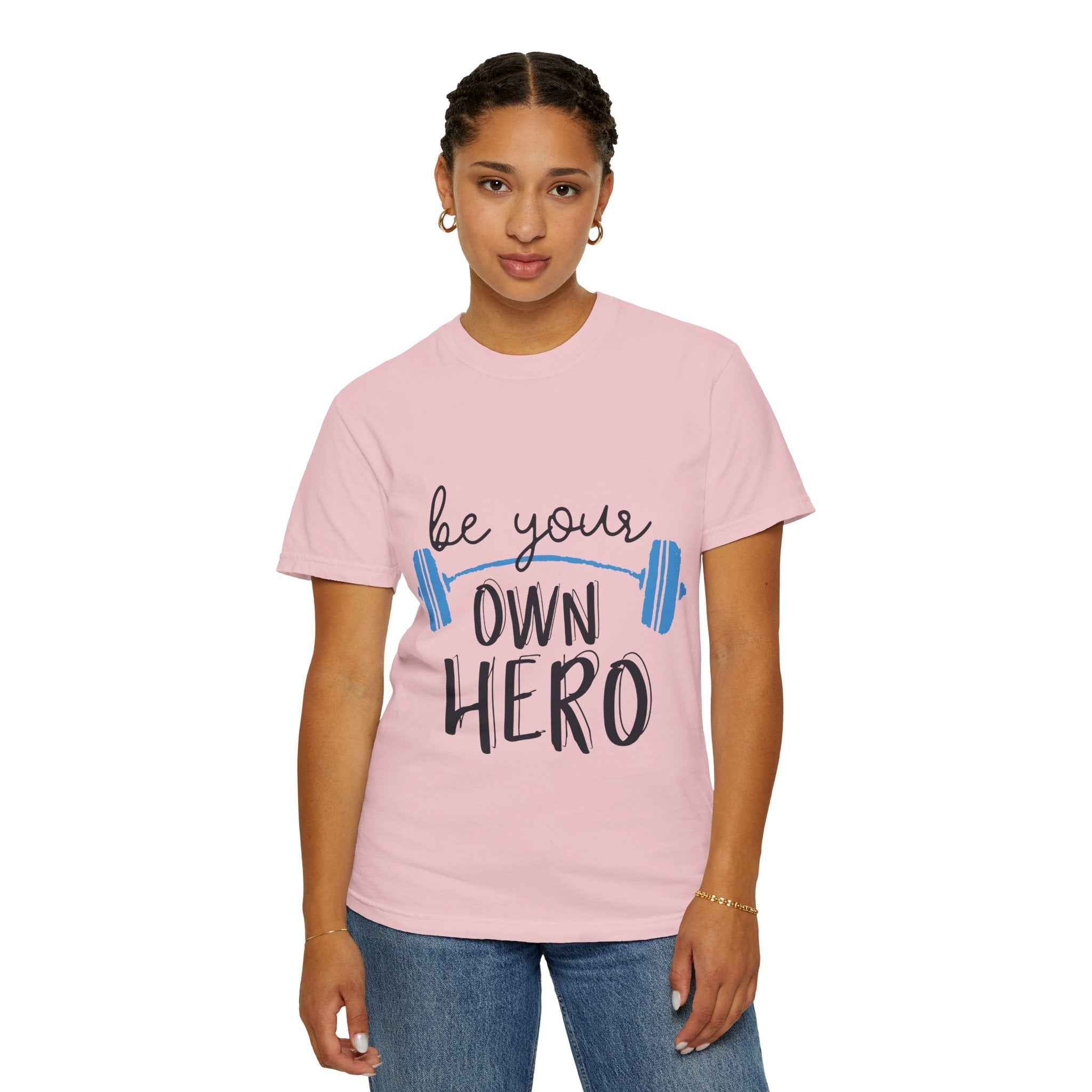 Be Your Own Hero Fitness T-Shirt — Motivational Gym Tee with Barbell Design