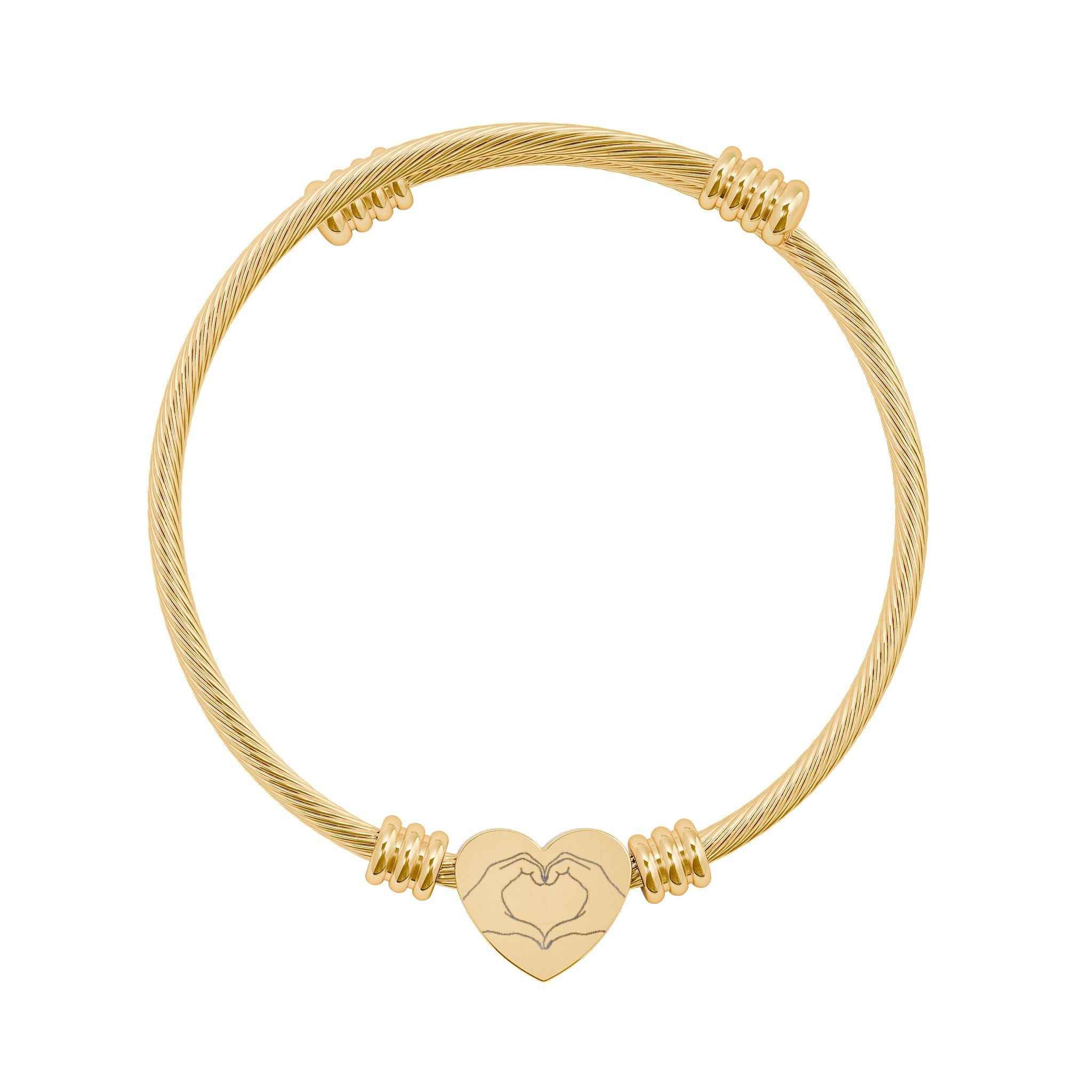Engravable Heart Cuff Bracelet — Personalized Cable Wire Bangle (Silver & Gold)
